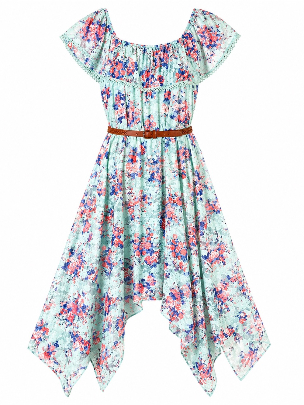 Mint Floral Lace Boho Handkerchief Hem Dress Belted Juniors M 7-9 - Picture 2 of 3